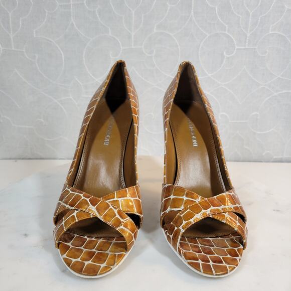 Enzo Angiolini Womens Shoes 7.5 Orange Leather Giraffe Print Open Toe Pump Heels - Picture 6 of 16